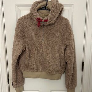 Cozy Tan Sherpa Pullover with Red Accents